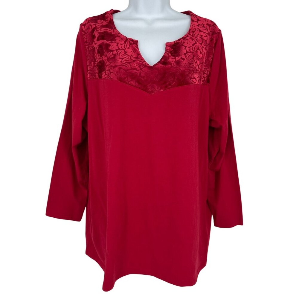 Catherines Red Long Sleeve Floral Velvet Accent Knit Tunic OX 14/16W